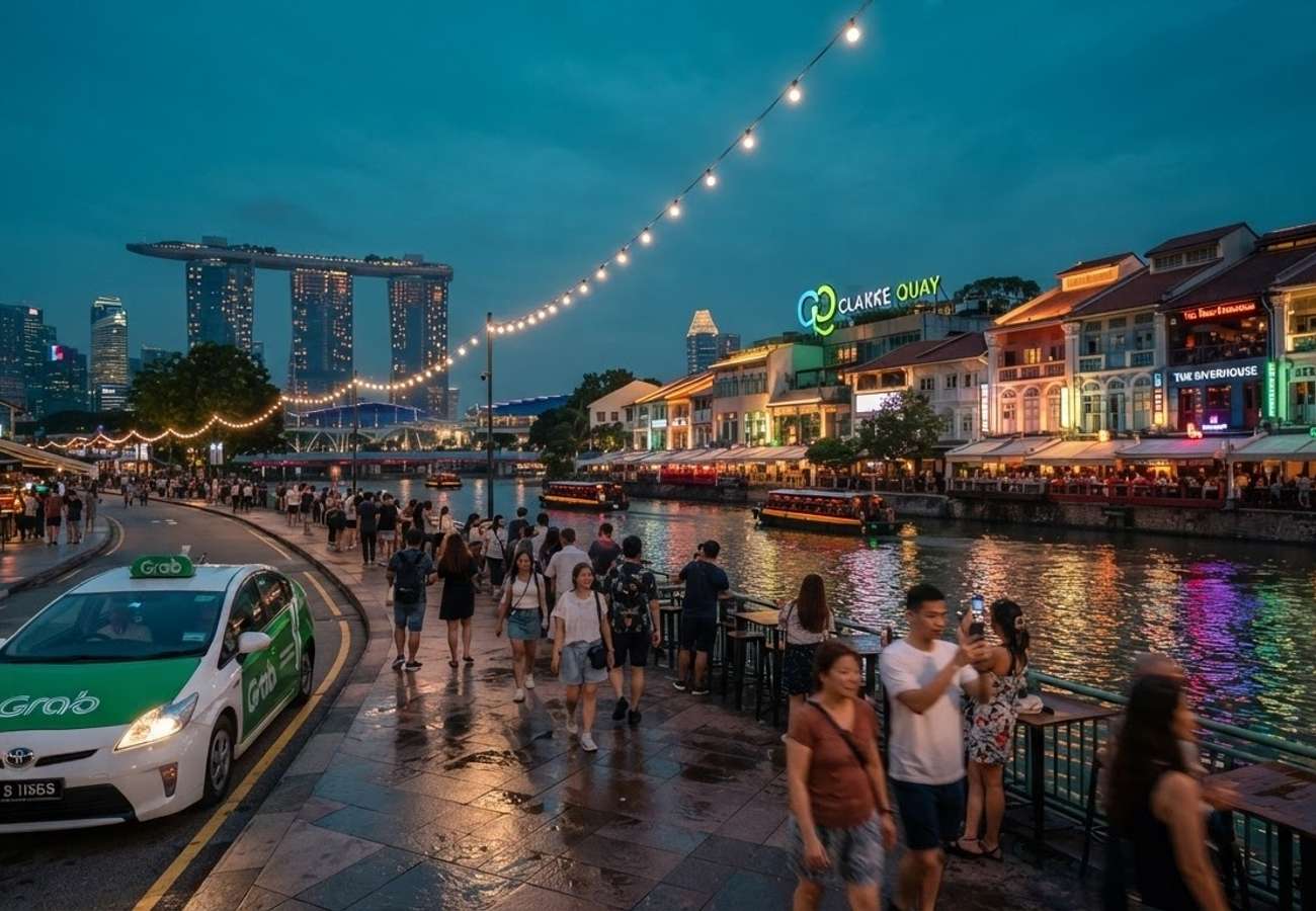 Singapore city skyline with Grab transport services