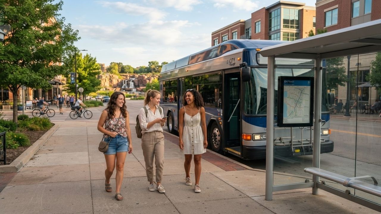 A modern city transit bus waiting at a designated stop under clear summer skies.