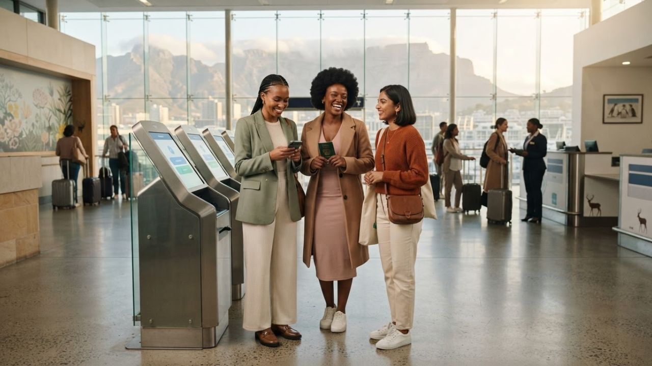 A passenger terminal showing modern self-service immigration gates at a South African airport.