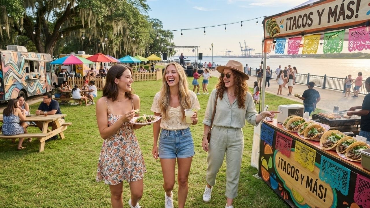 A vibrant outdoor food festival setting at Riverfront Park North Charleston with food trucks and Cooper River views