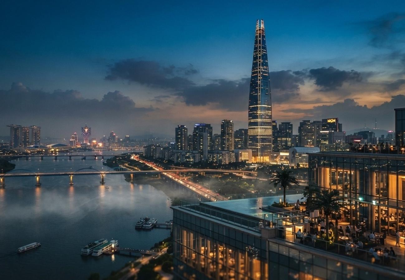 Aerial view of a luxury integrated resort and casino complex in Asia