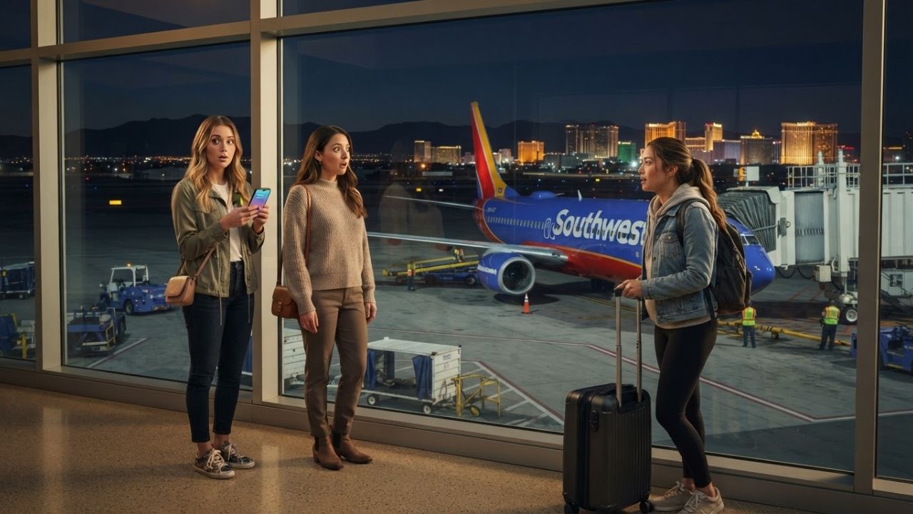 A Southwest Airlines Boeing 737 parked at a gate in Las Vegas under bright terminal lights at night.