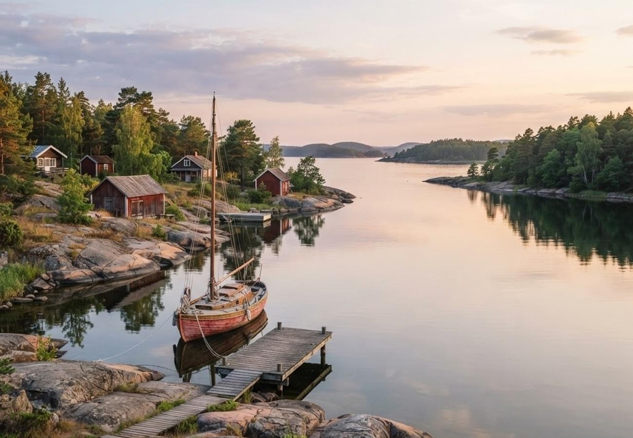 Aerial view of Stockholm archipelago and historic city center