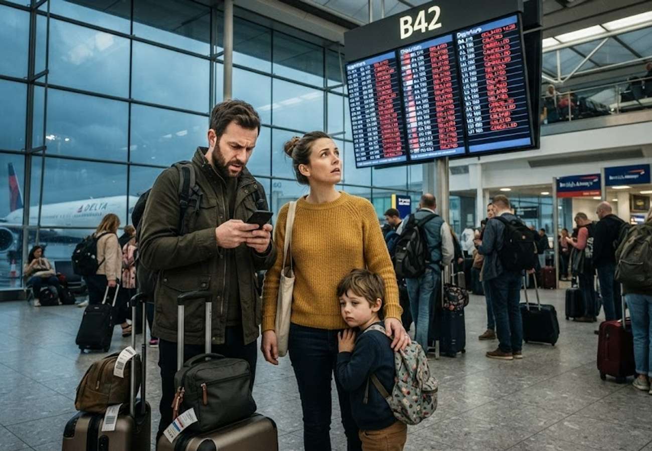 Passenger reviewing travel insurance documents on a smartphone at an airport terminal
