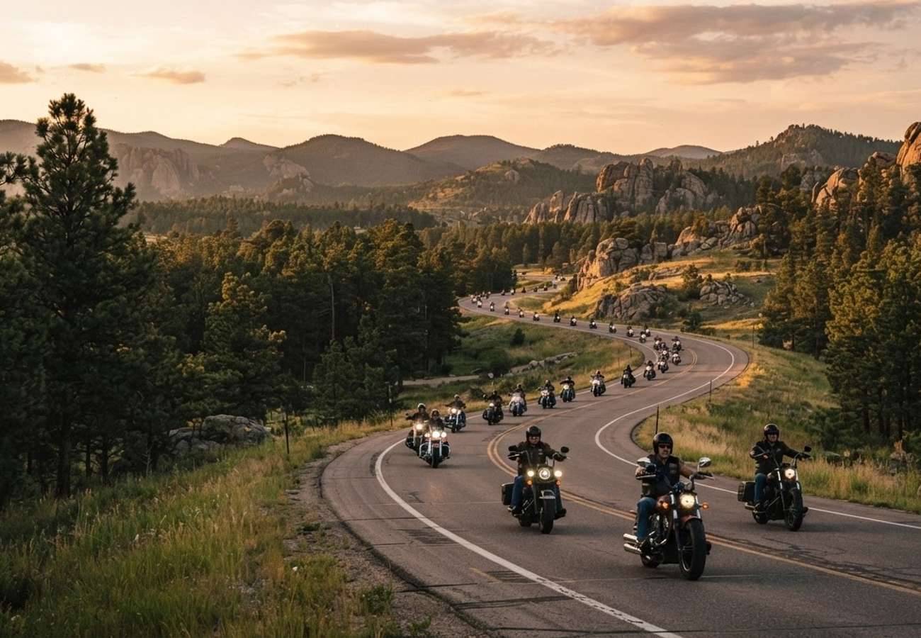 Motorcyclists riding through the scenic landscapes of the Black Hills in South Dakota