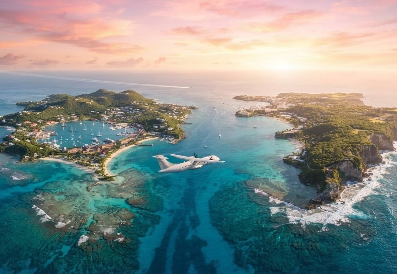 Aerial view of turquoise Caribbean waters and white sandy beaches