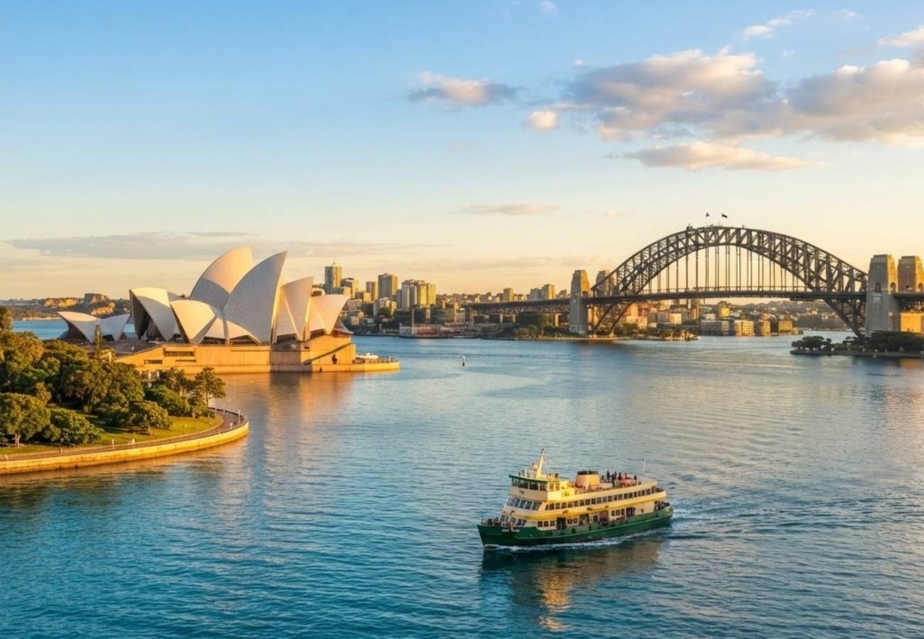 Panoramic view of Sydney Harbour featuring the Opera House and Harbour Bridge