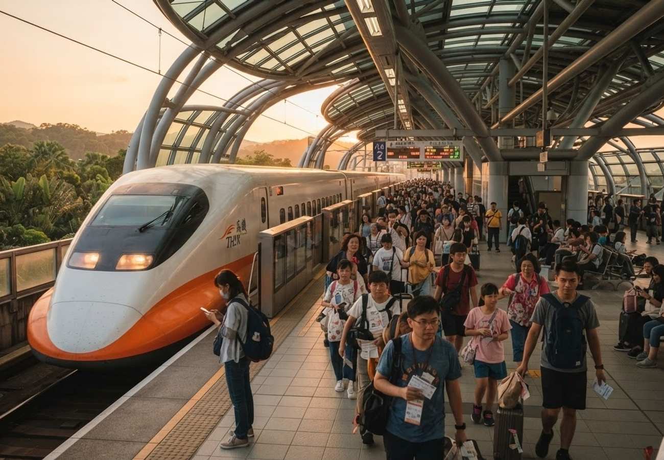 Taiwan High Speed Rail train arriving at a modern station platform