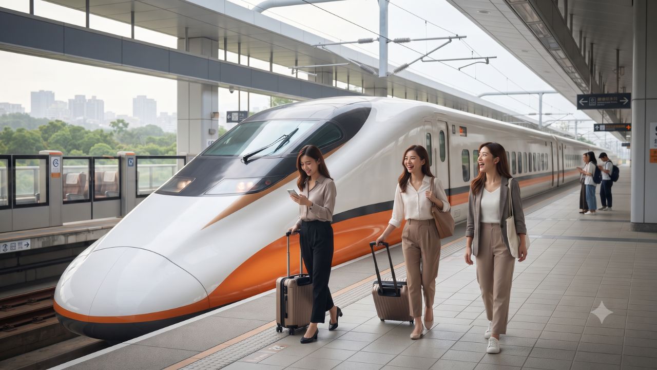 A modern high-speed bullet train standing at a covered platform station in Taiwan.