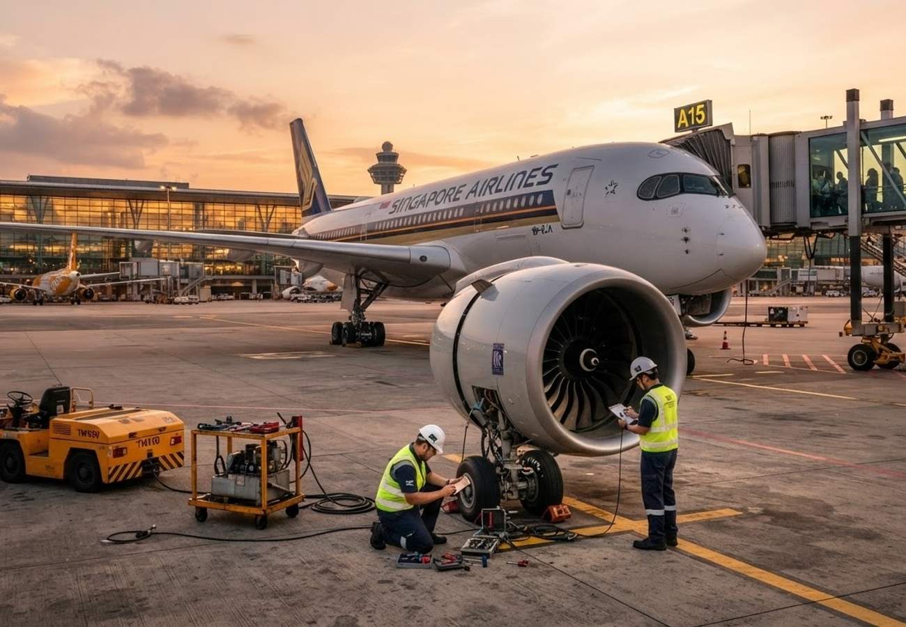 Singapore Airlines aircraft at the gate during a technical delay