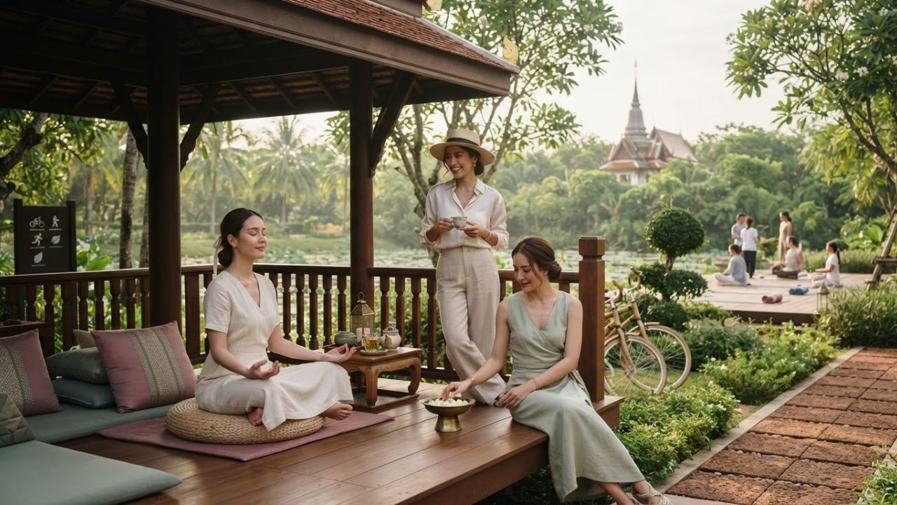 A traditional golden Thai temple pavilion surrounded by lush tropical gardens under a bright sky.