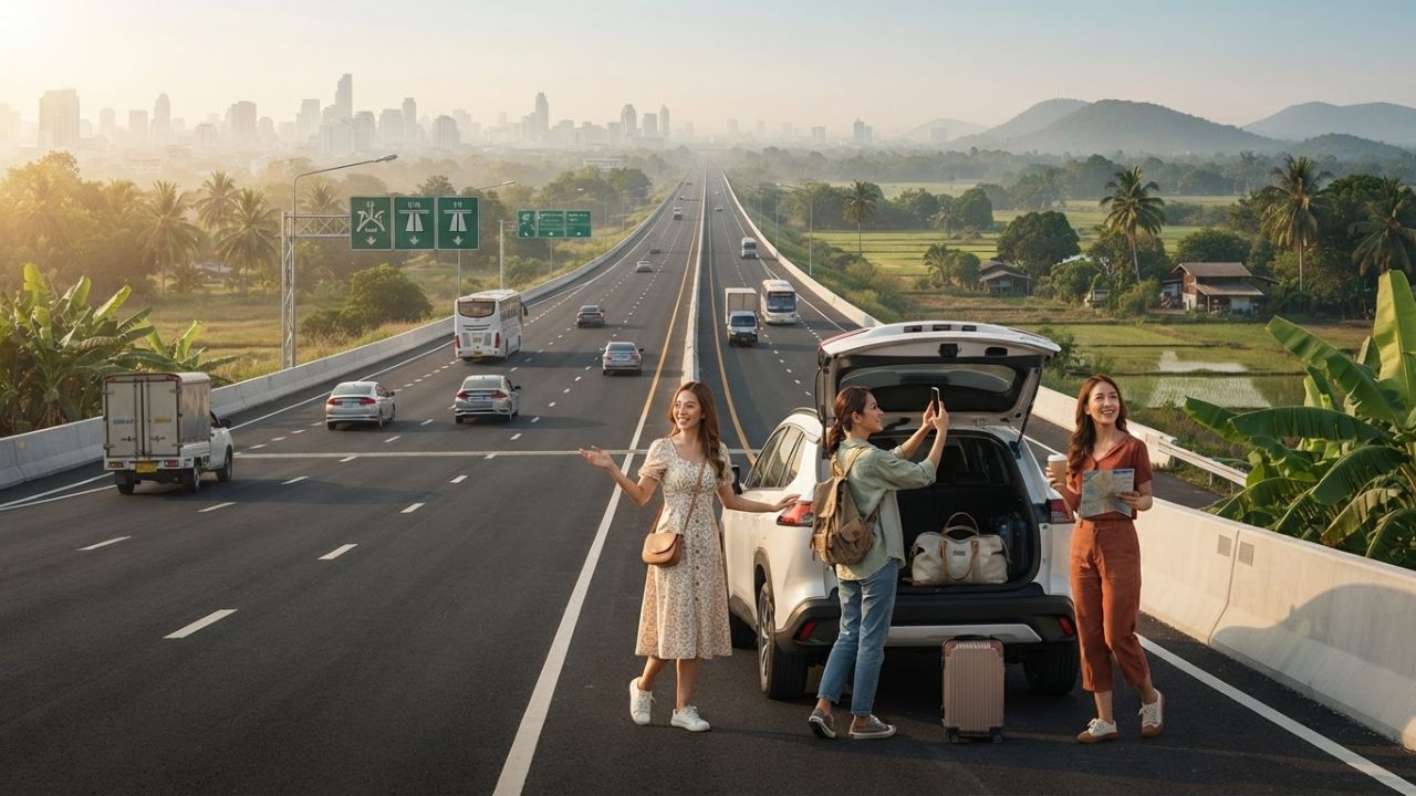 A wide, modern multi-lane elevated highway stretching into the distance with green trees on both sides