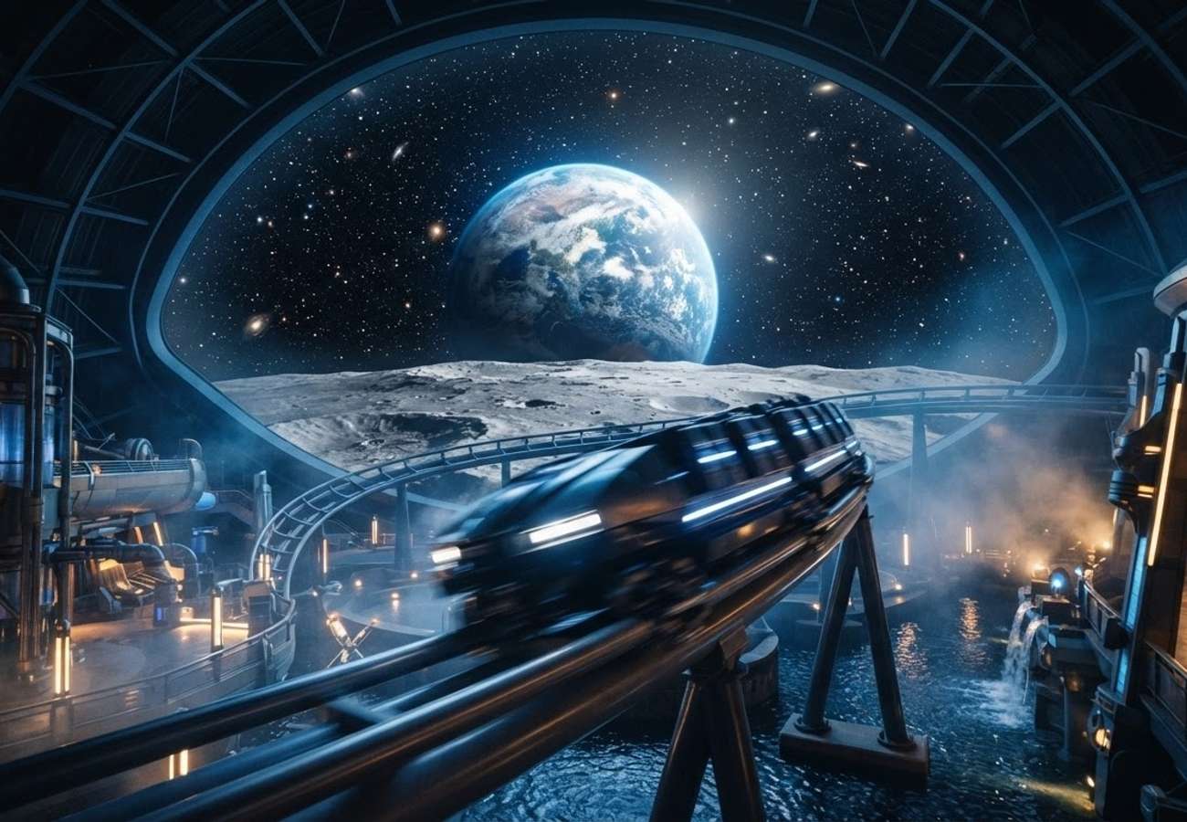 Futuristic concept art of Tokyo Disneyland Tomorrowland and Space Mountain Earthrise