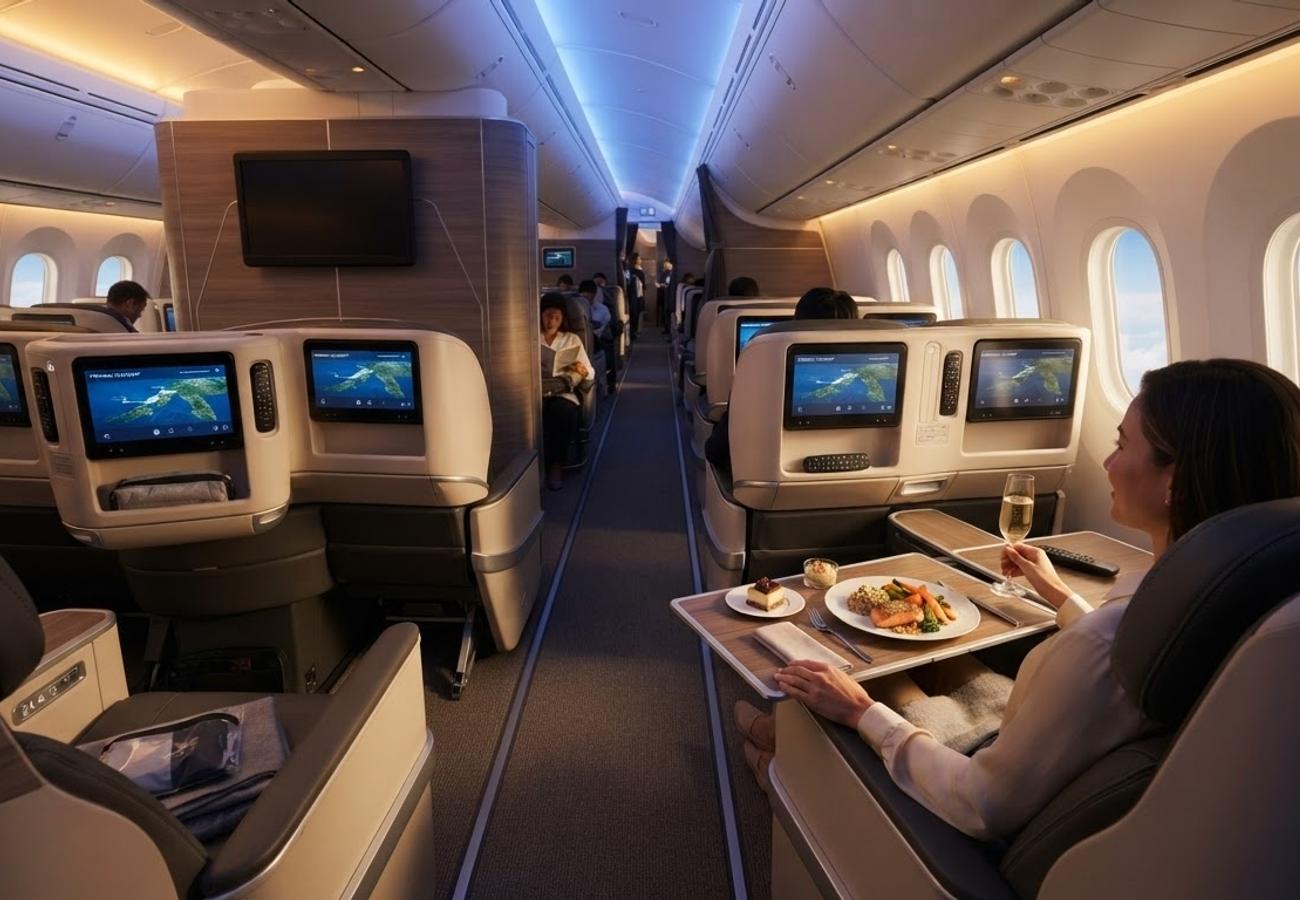 Premium Economy aircraft cabin with spacious seating and modern amenities