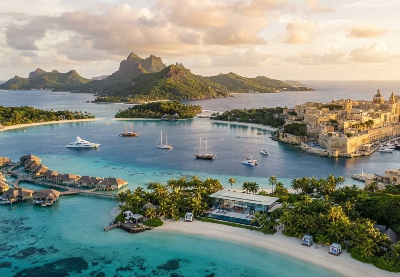 Aerial view of a luxury island resort with turquoise waters and corporate meeting facilities