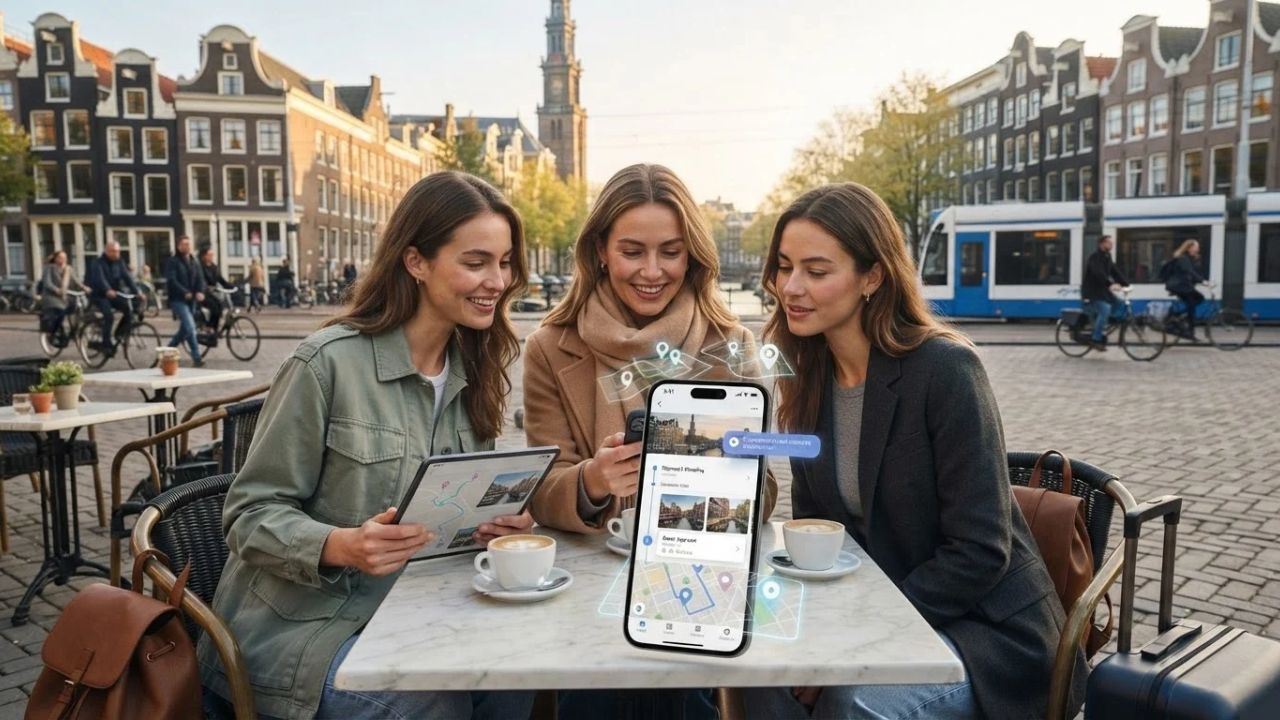 A traveler using a smartphone with an advanced AI travel companion application showing a customized holiday itinerary.