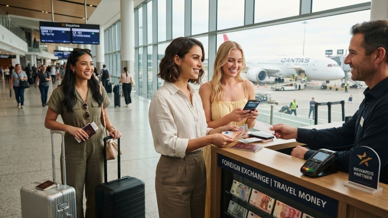 A traveler holding an Australian passport and a currency exchange receipt at a modern international airport terminal.