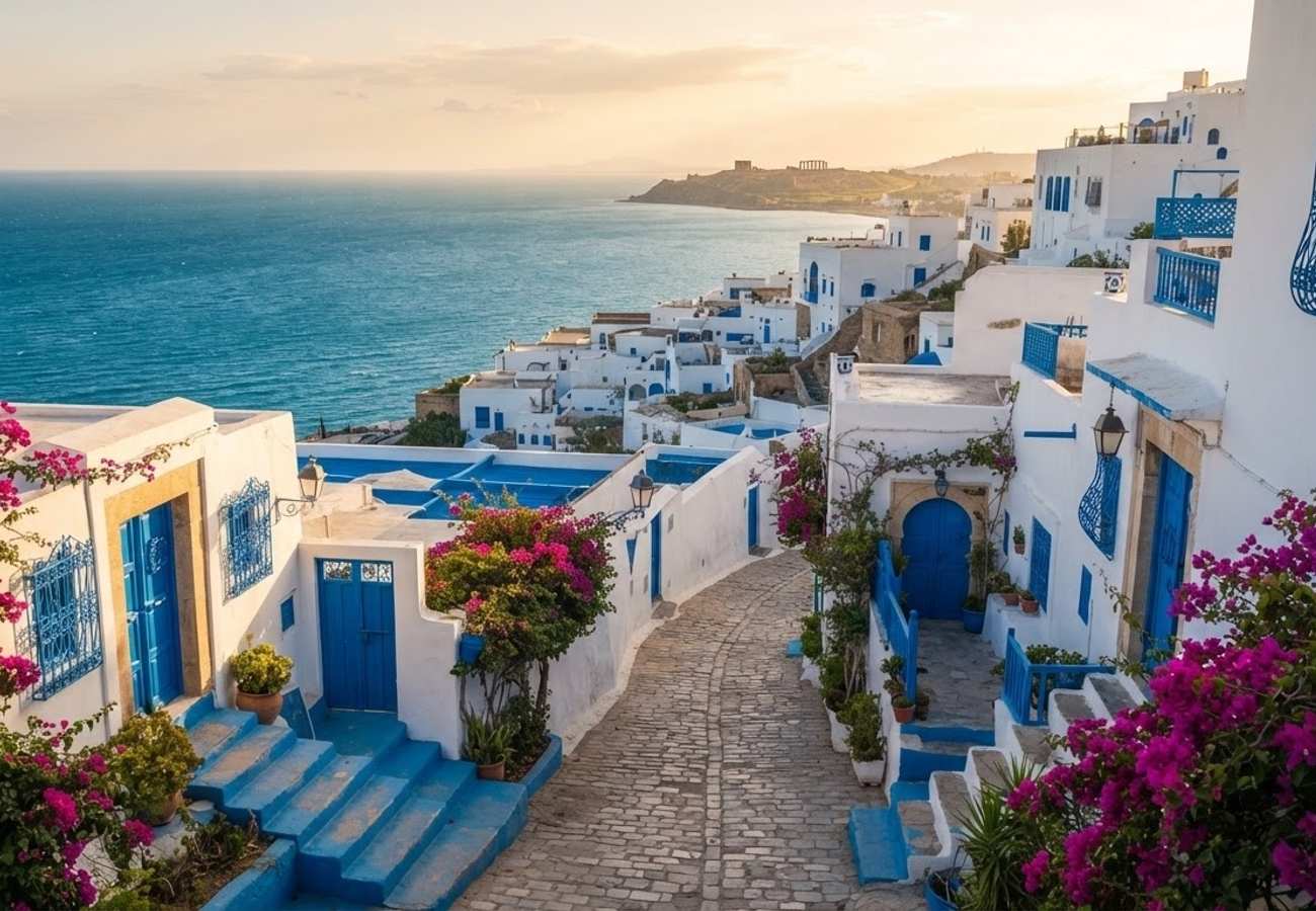 Aerial view of Tunisian coastline and historic architecture