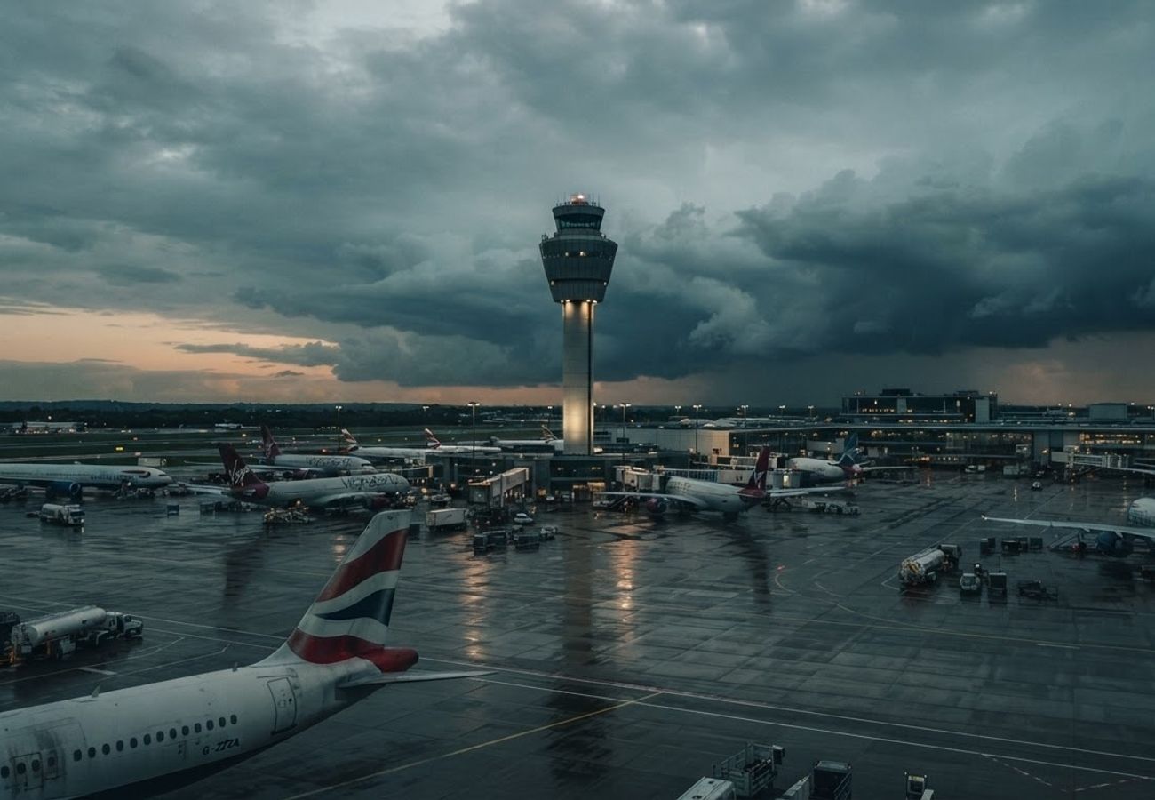 Aerial view of congested airport runways and grounded aircraft in Europe