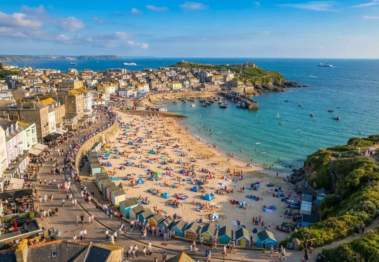 Aerial view of a busy UK coastal town during summer
