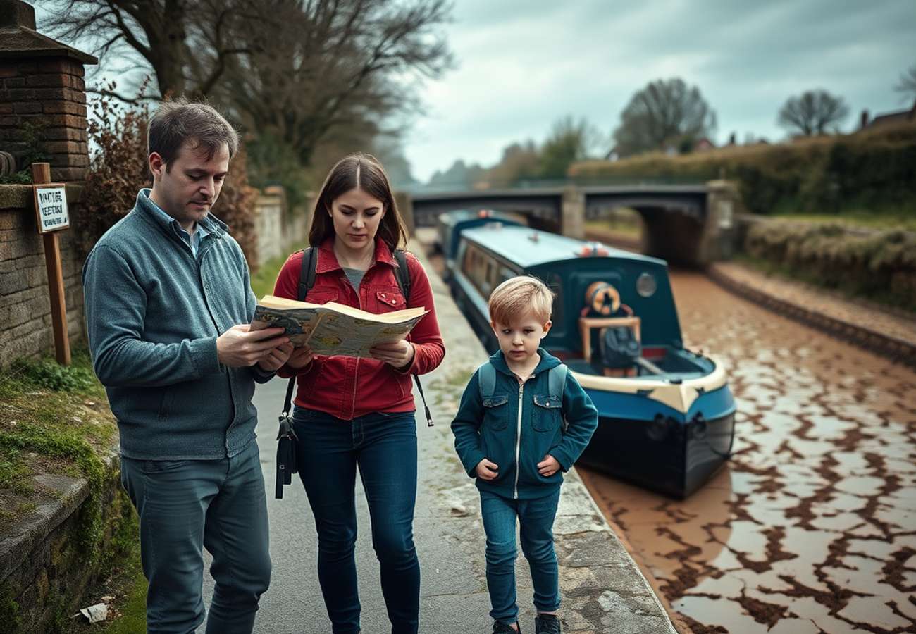 A narrowboat navigating a historic UK canal during a dry summer period