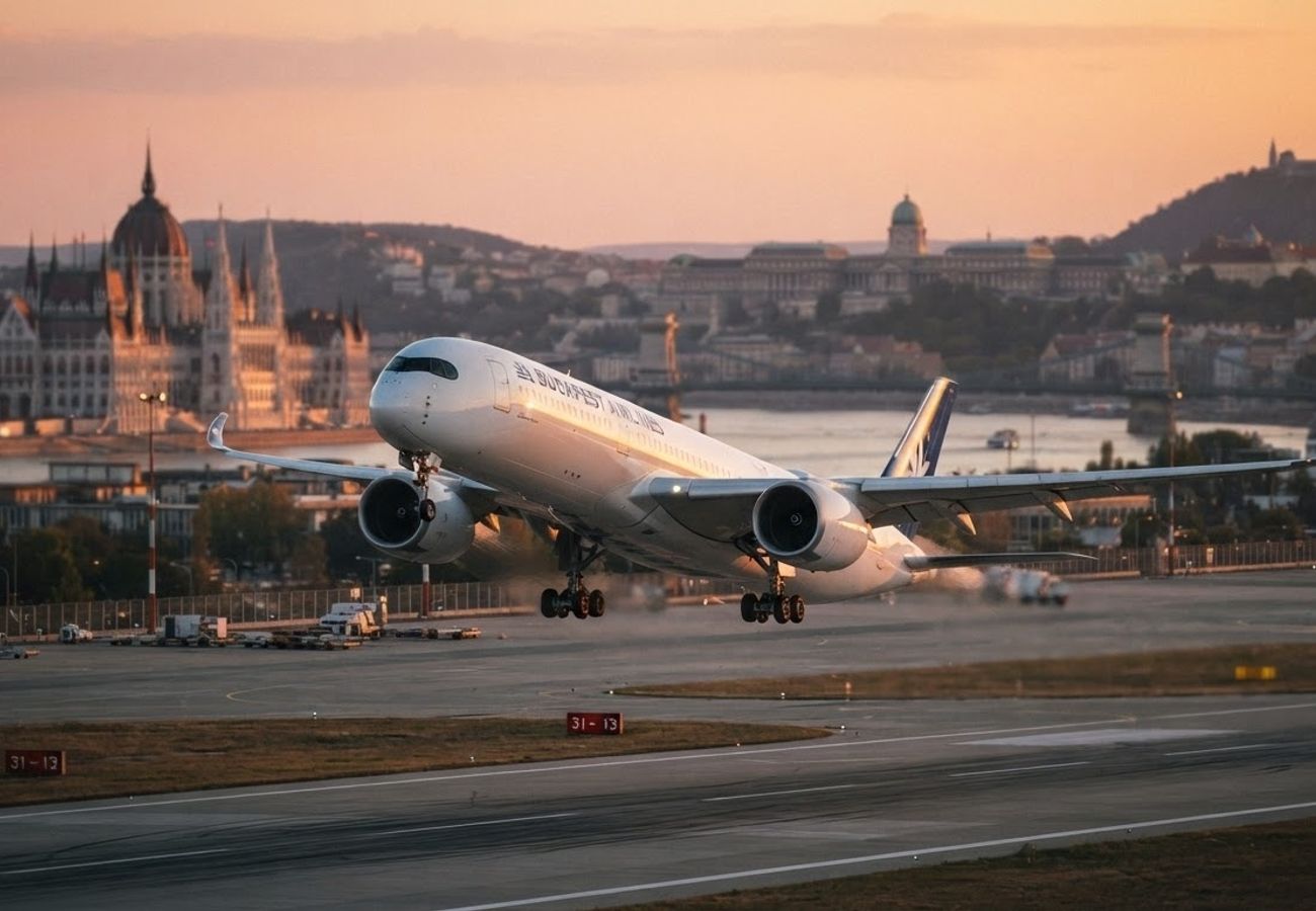Aerial view of Budapest Ferenc Liszt International Airport terminals