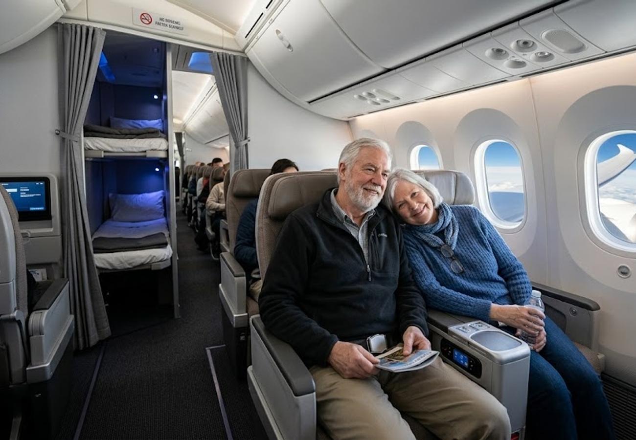 United Airlines flight attendant resting in a crew bunk on a Boeing 787 Dreamliner