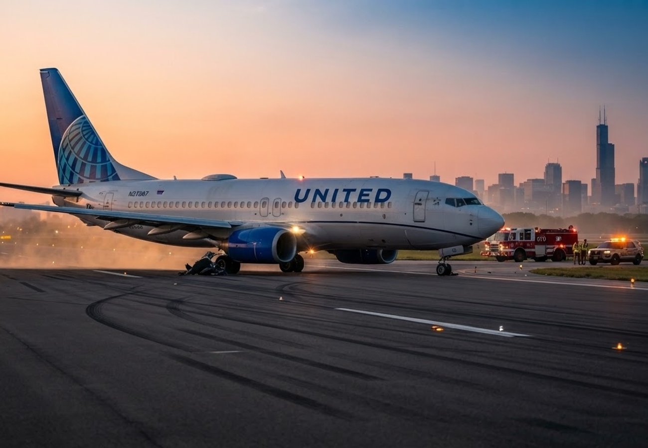 Commercial aircraft landing gear on a runway at Chicago O'Hare