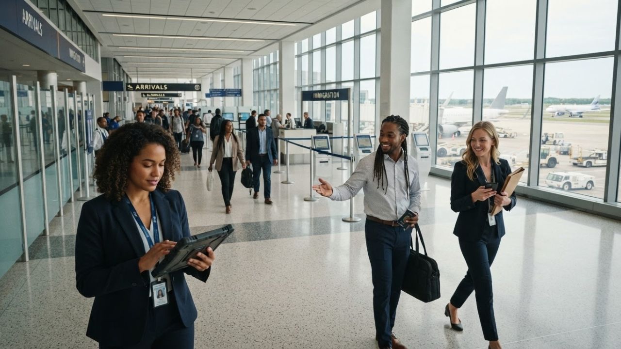 A photorealistic rendering of a traveler presenting visa documentation at a US customs and border protection desk.