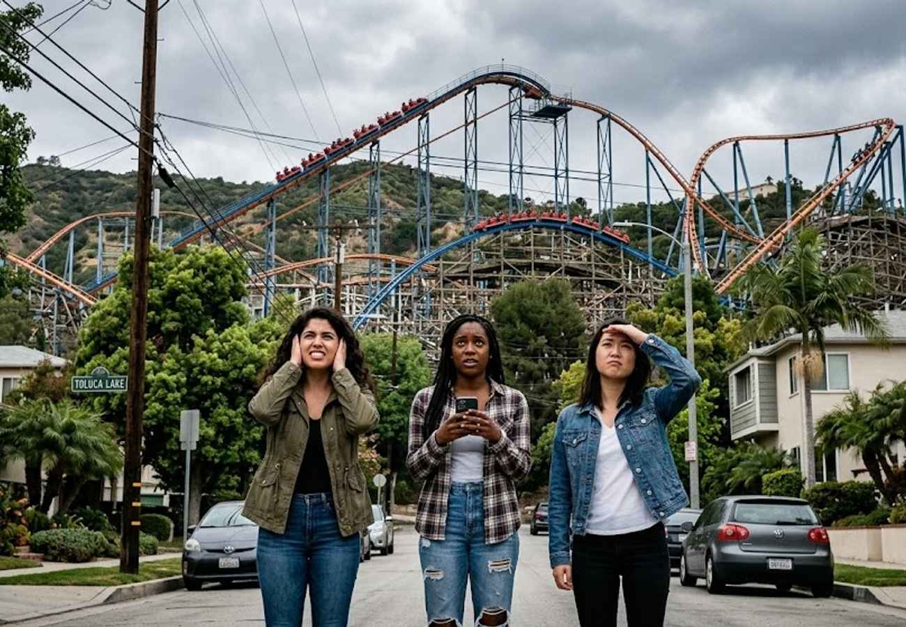 Universal Studios Hollywood roller coaster track along hillside near Toluca Lake neighborhood