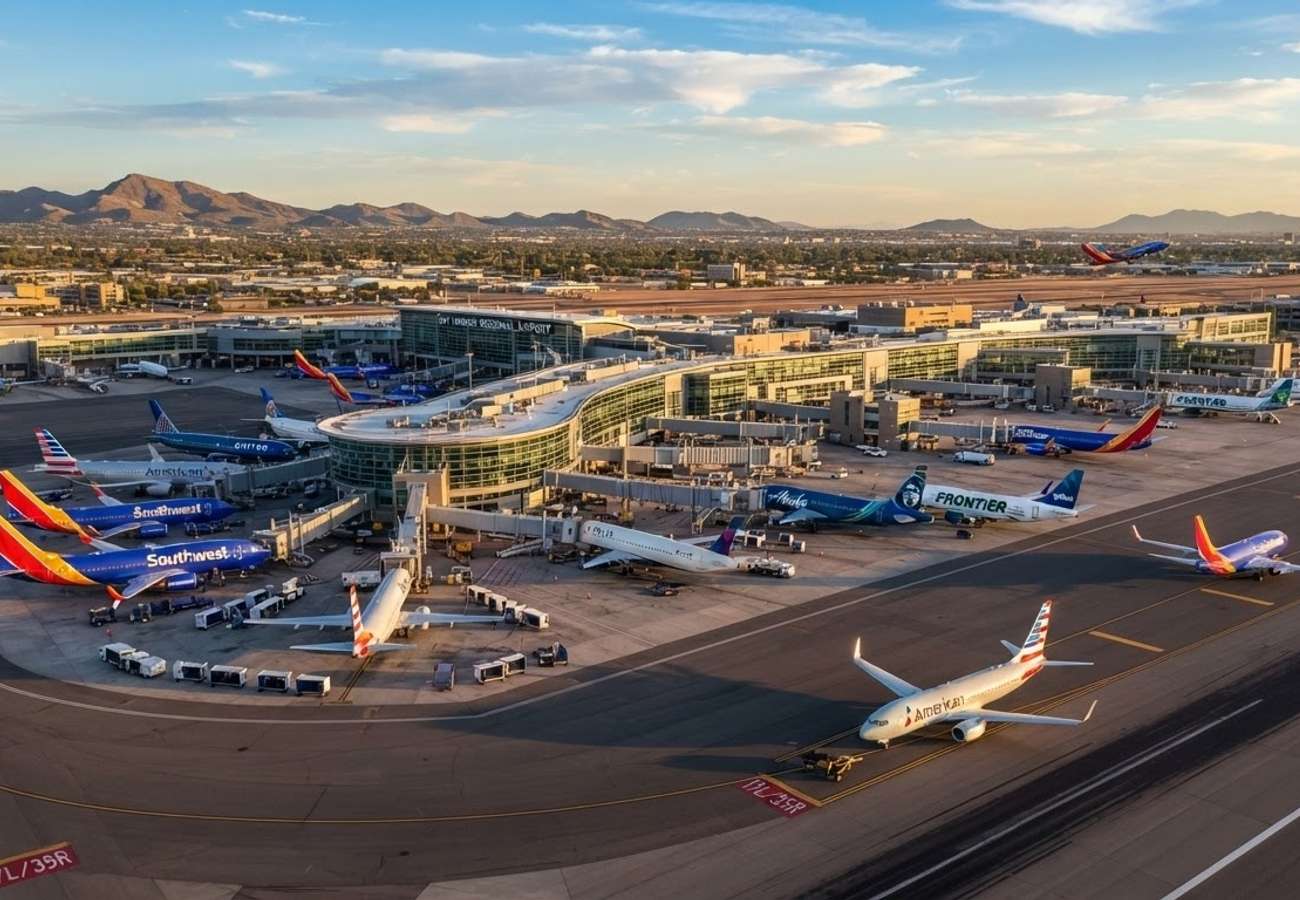 Aerial view of a busy US airport terminal with domestic aircraft