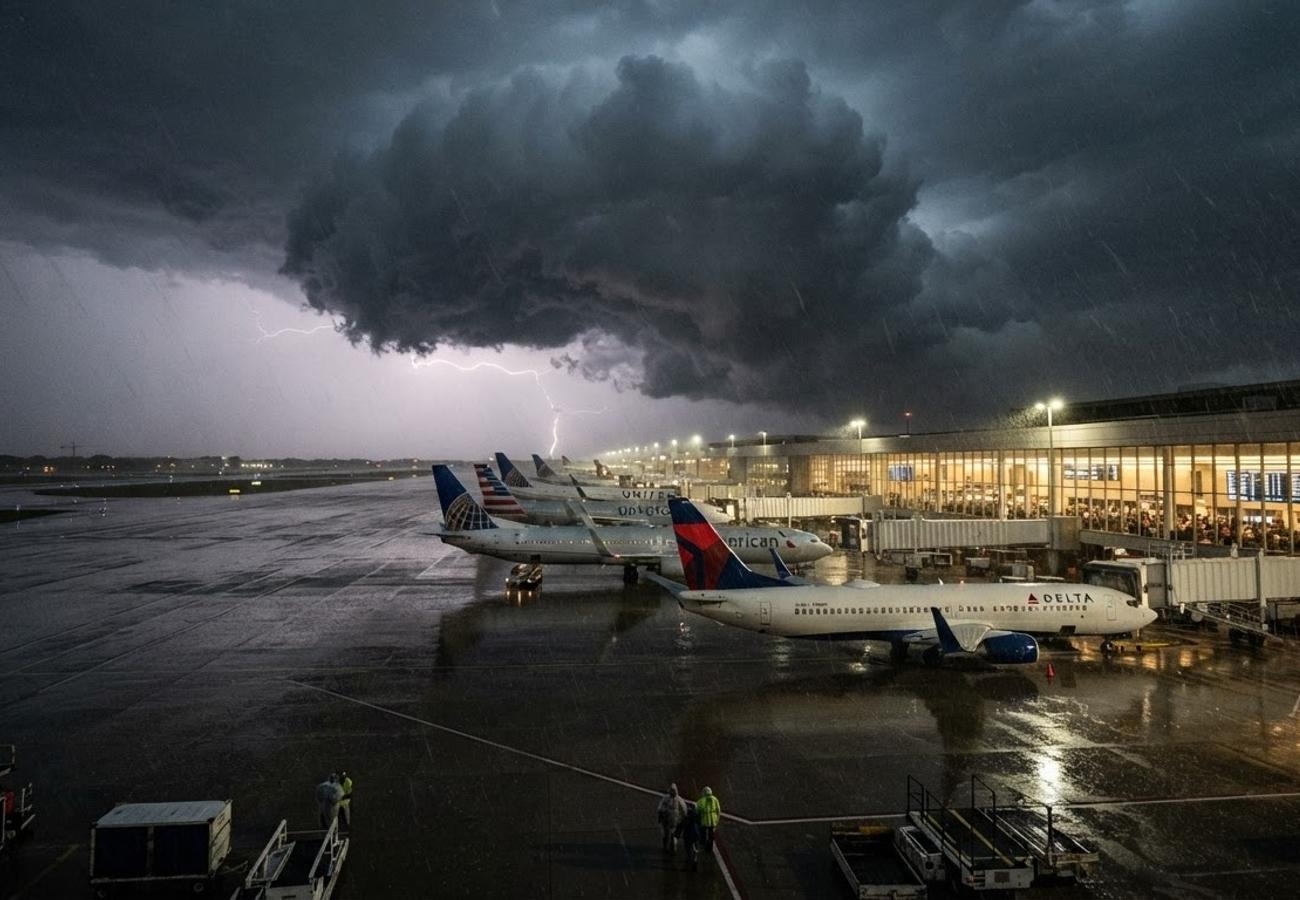 Aerial view of grounded aircraft at a major US airport during weather disruptions