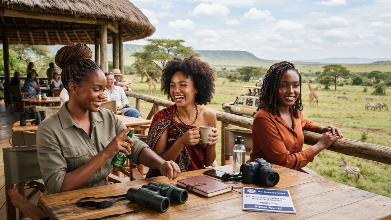 A scenic safari vehicle parked near an acacia tree in Kenya's Maasai Mara under a clear blue sky.