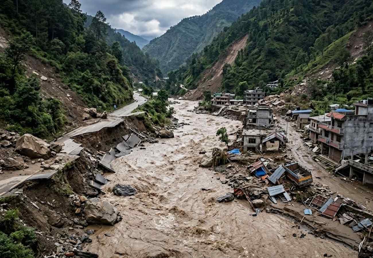 Aerial view of flood devastation in the Bhote Koshi river valley, Nepal
