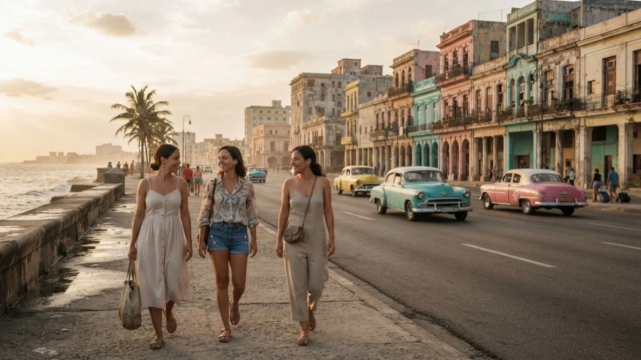 A scenic view of historic buildings in Havana, Cuba under a cloudy sky.