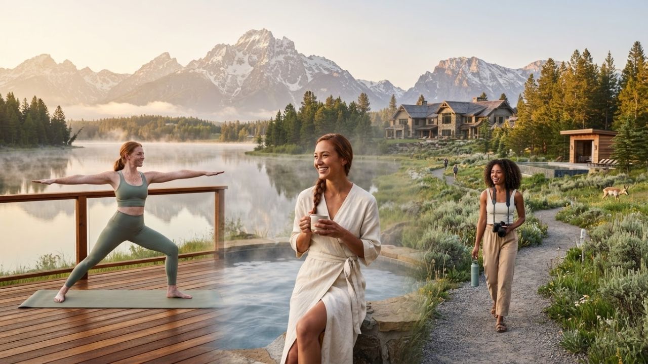A cozy hot tub at a mountain wellness resort under evergreen pines