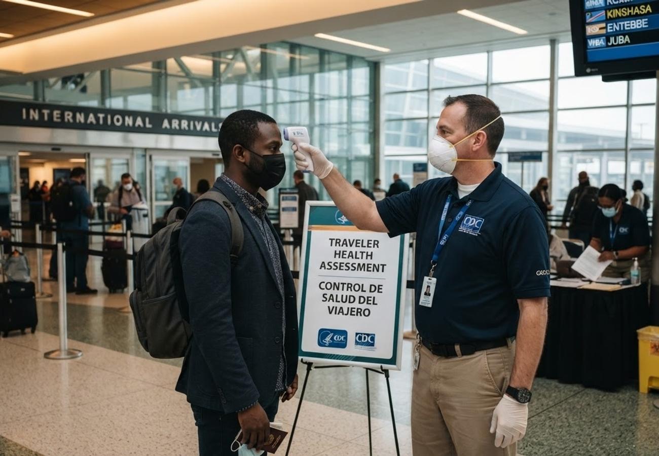 US Customs and Border Protection officer conducting health screening at a designated US airport
