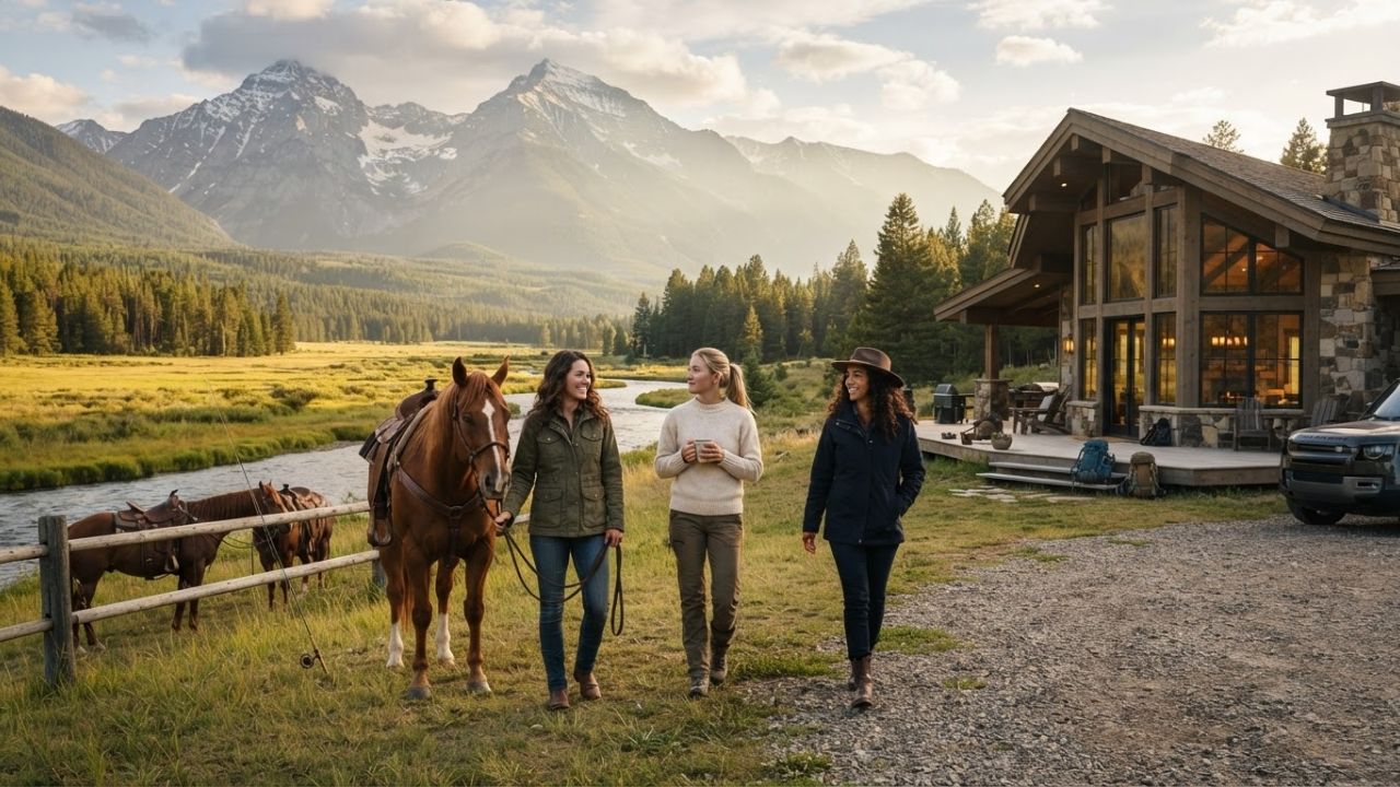 A luxury wood-cabin lodge overlooking a pristine pine-tree forest and snow-capped mountains.