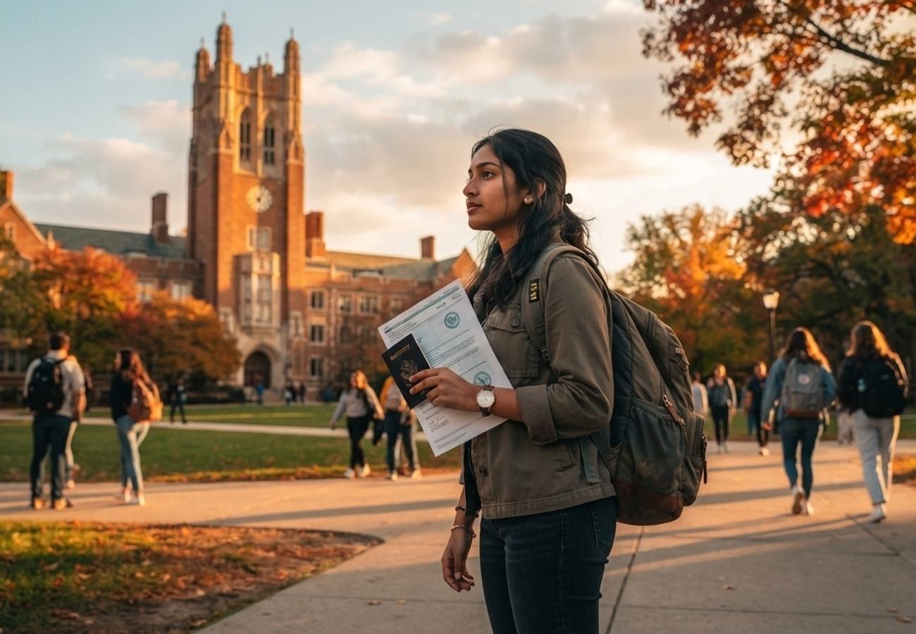 International students reviewing visa documentation at a US university