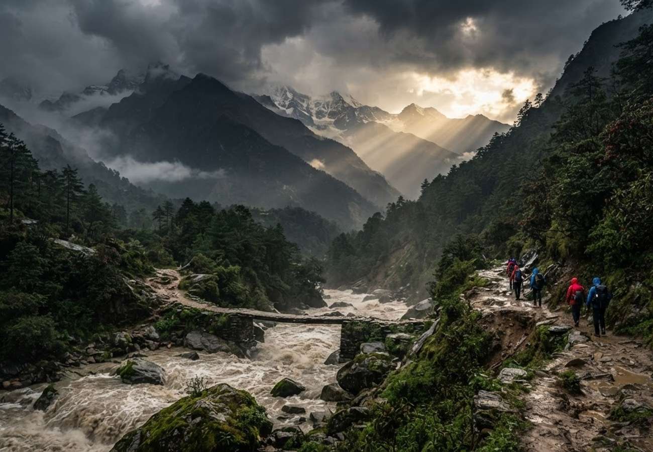 Aerial view of the Himalayan river valleys in Nepal during monsoon season