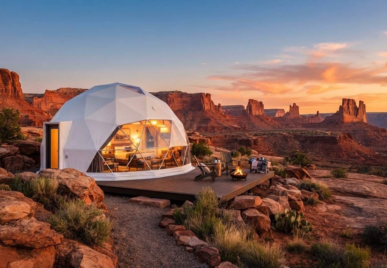 Luxury glamping dome in a desert landscape