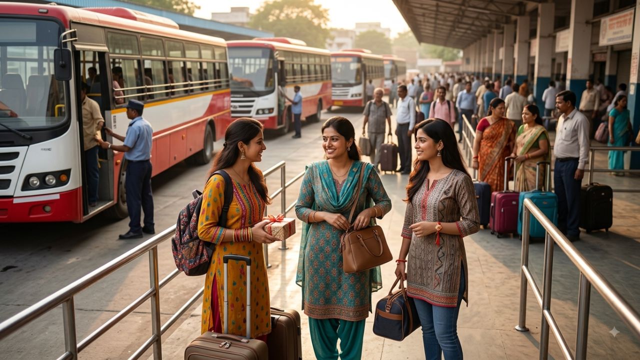 A fleet of blue state-run UPSRTC buses parked at a busy terminal in Lucknow.