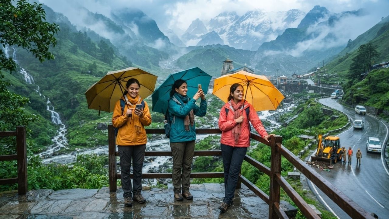 A steep mountain road blocked by a fresh rockfall slide under monsoon rain in Uttarakhand
