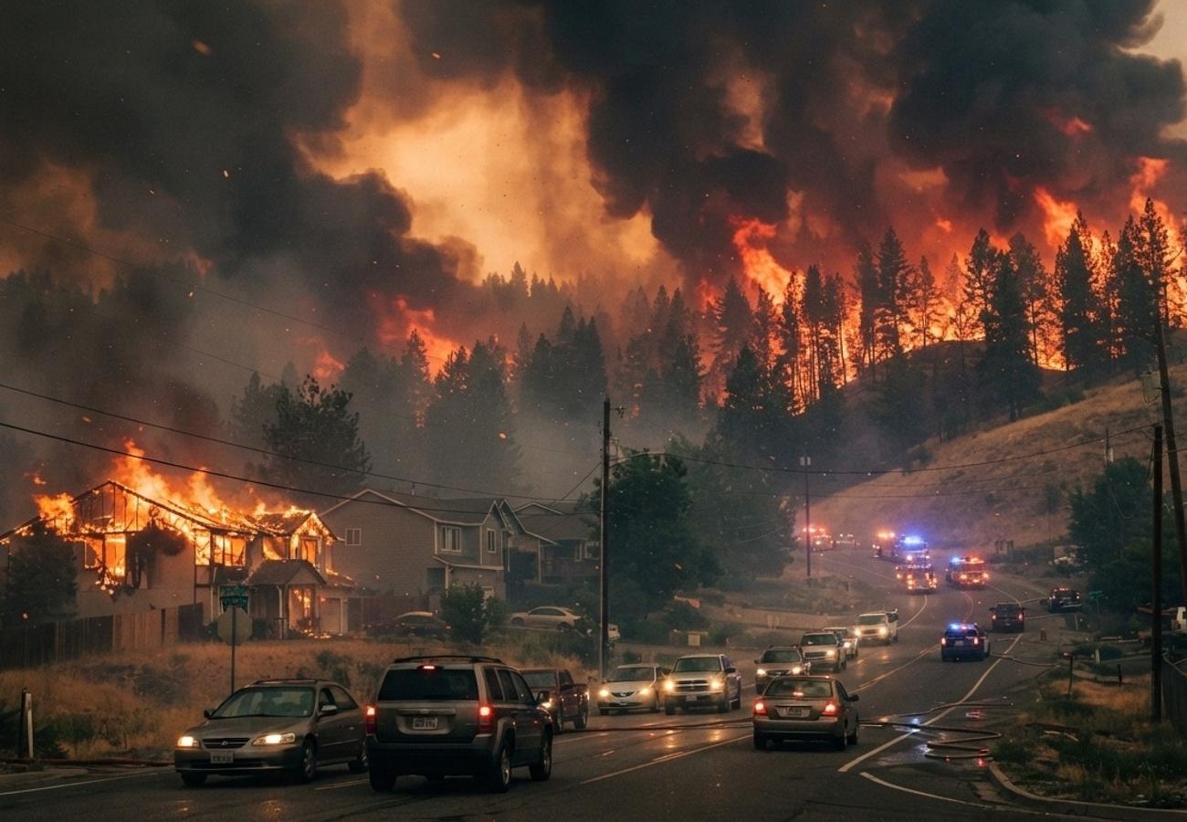 Aerial view of wildfire smoke over Spokane Washington residential areas