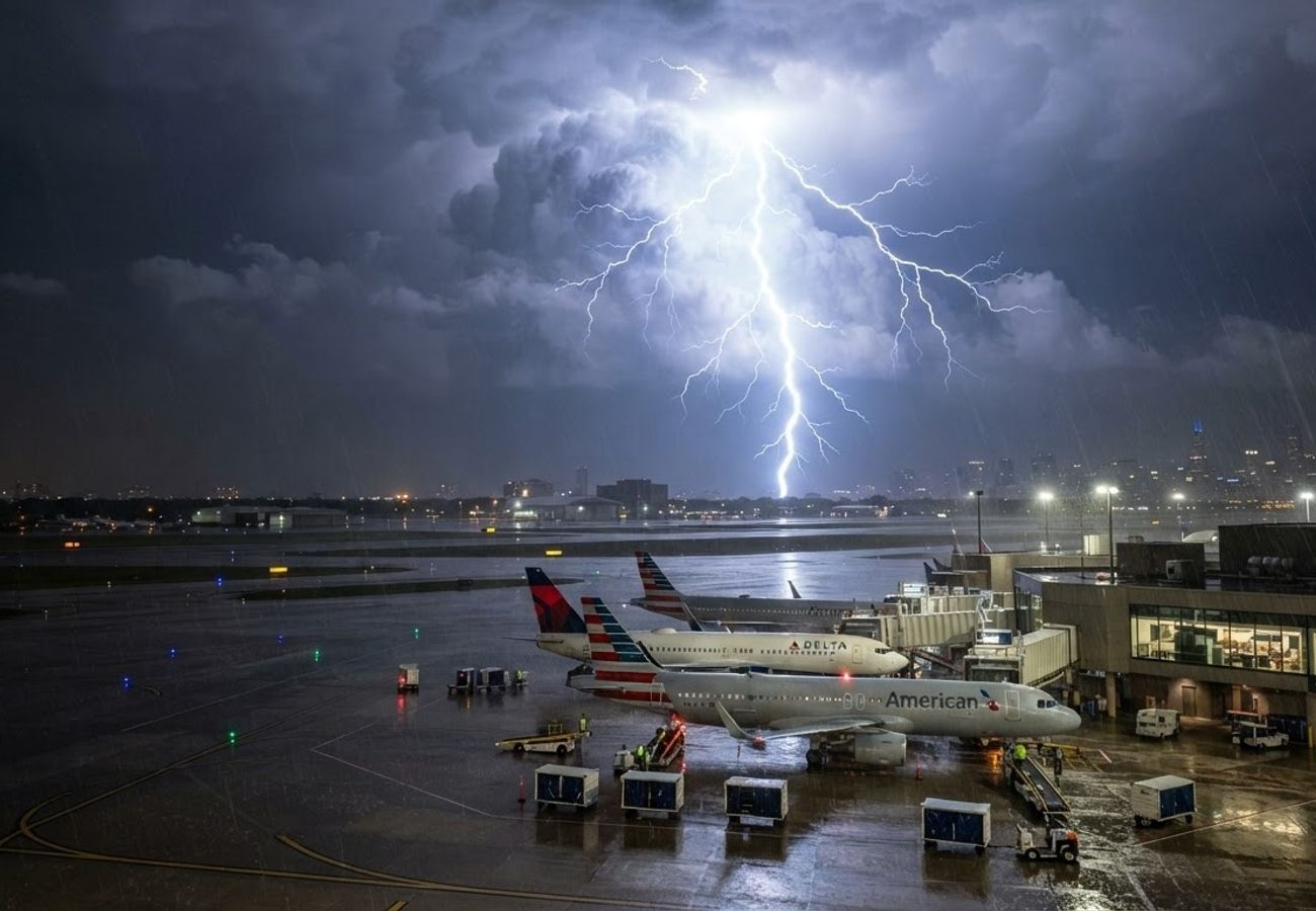 Severe thunderstorm clouds over a North American airport tarmac