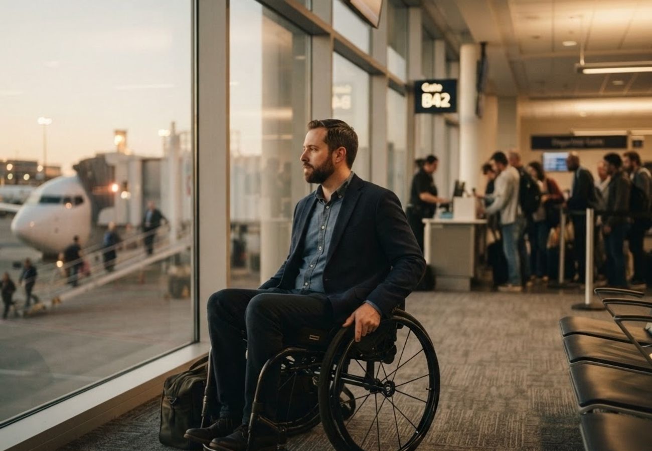 Airport boarding gate with wheelchair accessibility signage