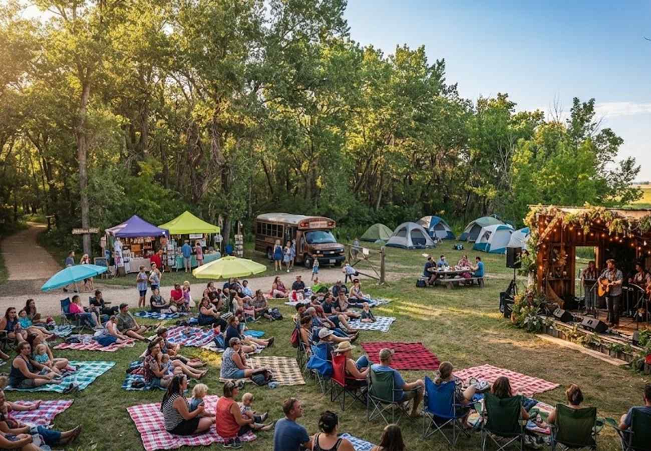 Aerial view of a rural music festival in Manitoba with tents and stages