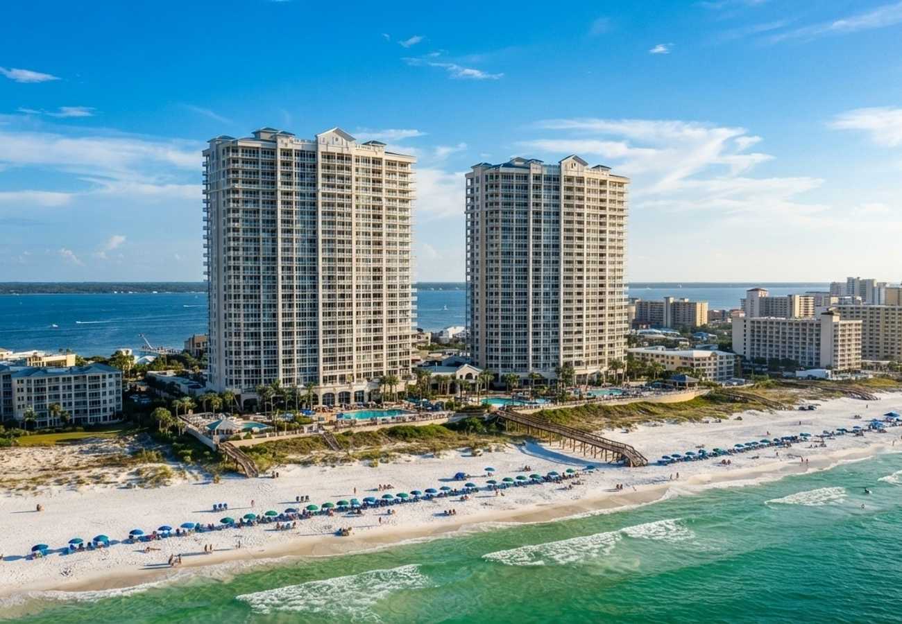 Aerial view of beachfront high-rise resorts in Panama City Beach
