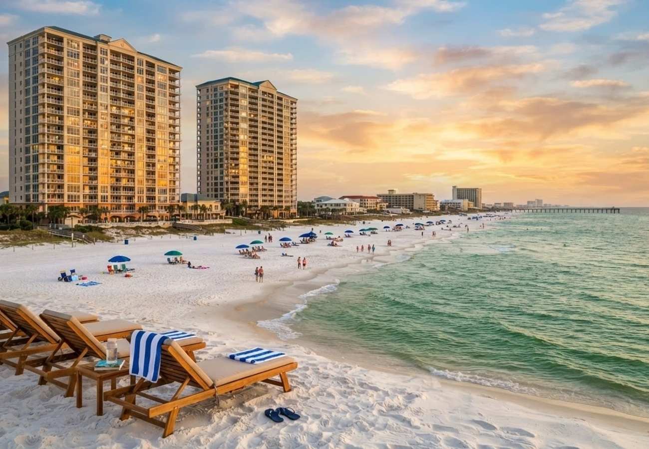 Aerial view of beachfront resorts in Panama City Beach Florida