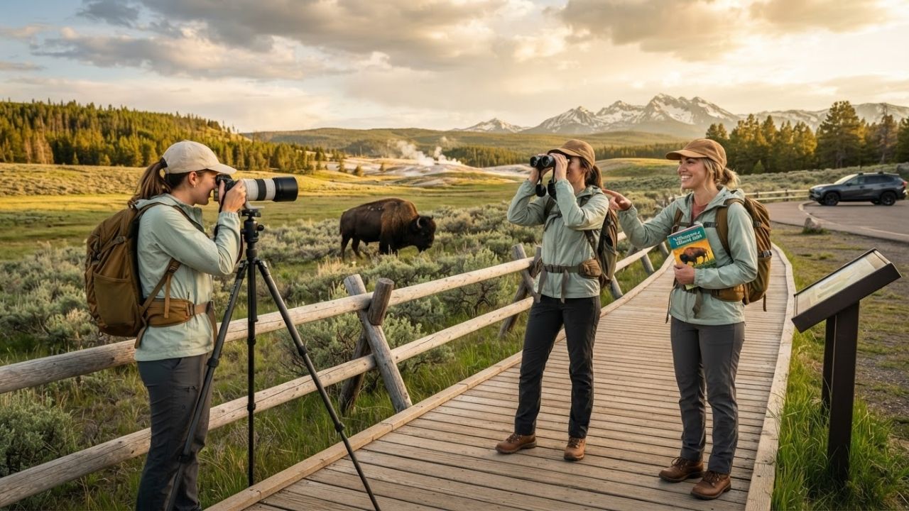 A massive bull bison walking near a wooden boardwalk in Yellowstone